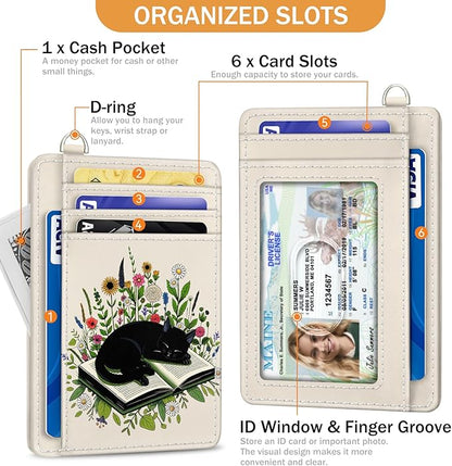 Yonlevres Credit Card Holder Slim Wallet, Floral Cat RFID Wallet Women Front Pocket Small Card Holder, Travel Cute Funny Thin RFID Blocking Case Organizer ID Window PU Leather Gifts