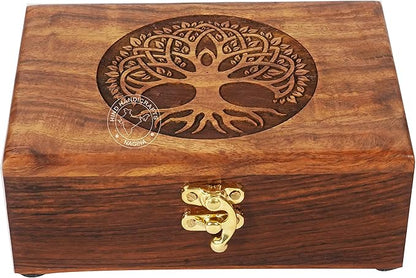 Rosewood Handmade Wooden Urn | Tree of Life Engraving Handcarved Jewellery Box for Women & Men | Home Decor Accents | Decorative Keepsake Box | Storage & Organiser (7"x5"x2.5", - 60 Cubic Inch)