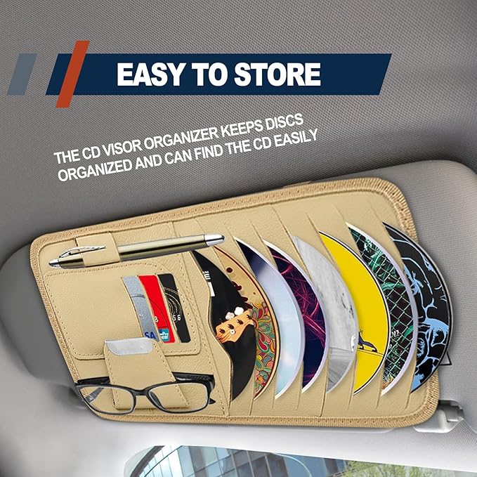 Car Sun Visor Organizer, Car CD Case Holder, Universal Car Eyeglasses Holder Clip with Storage Pockets, for Storing Sunglasses Card Pen Invoice, Beige, Cream-yellow