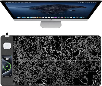 TopMade Mouse Pad with 15W Fast Wireless Charging, 31.5"x15.75" XXL Large Gaming Waterproof Desk Pad with Ultra-Smooth Surface, Non-Slip Base, Computer Desk Mat, Black Topographic Map #3