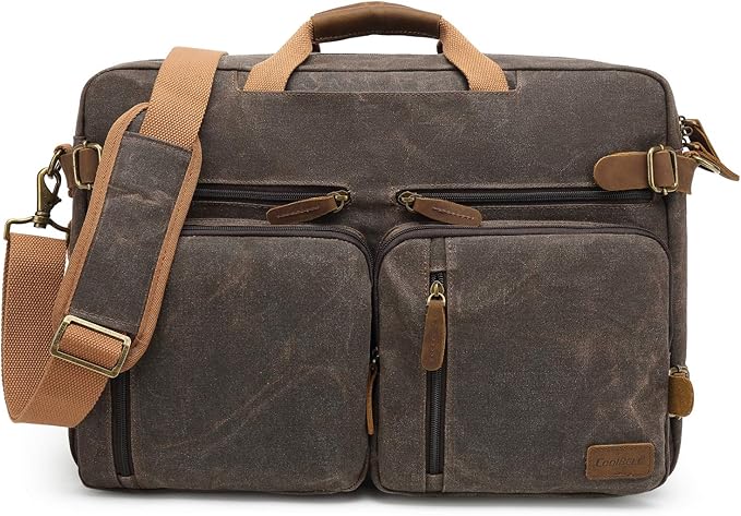 CoolBELL Laptop Messenger Bag Vintage Shoulder Bag Convertible Backpack Retro Briefcase Versatile Travel Bag Fits 17.3 Inch Laptop For Men Business (Waxed Canvas Brown)
