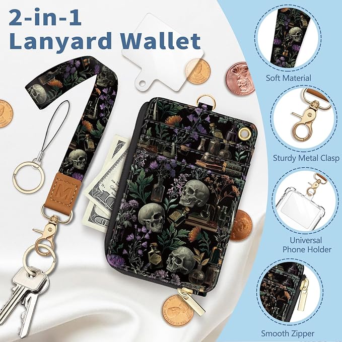 Lanyard Wallet with Id Badge Holder, Goth Skull RFID Small Keychain Wallet Women Wristlet, Book Zipper Credit Card Holder Phone Wrist Neck Strap for Key Name Tag, Teacher Student Office Gifts