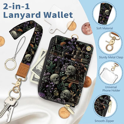 Lanyard Wallet with Id Badge Holder, Goth Skull RFID Small Keychain Wallet Women Wristlet, Book Zipper Credit Card Holder Phone Wrist Neck Strap for Key Name Tag, Teacher Student Office Gifts