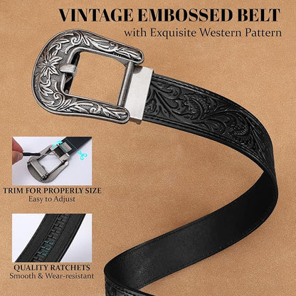 SANSTHS Western Cowboy Ratchet Belts for Men Women Leather Cowboy Belt with Automatic Western Buckle for Jeans Gifts