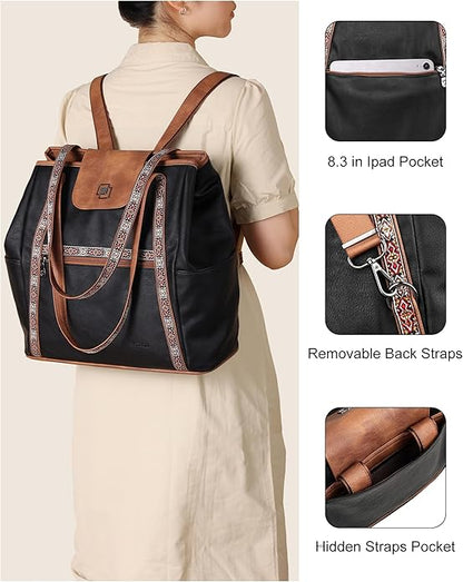 FADEON Large Laptop Tote Bag for Women Designer Leather Laptop Bag Fashion Travel Backpack Purse Shoulder Handbag
