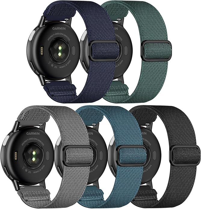 5 Pack Stretchy Nylon Watch Bands Compatible with Garmin Vivoactive 5/6/Forerunner 55/165,20mm Soft Elastic Fabric Adjustable Replacement Sport Straps for Garmin Venu Sq 2 Women Men