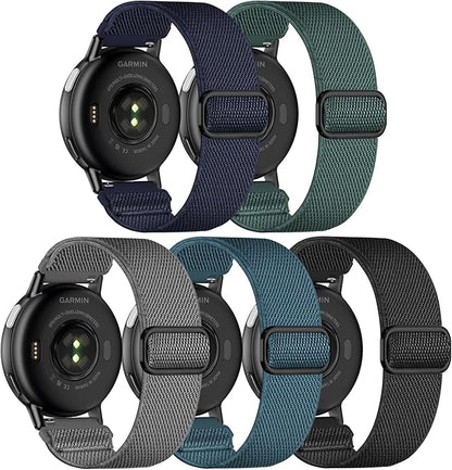 5 Pack Stretchy Nylon Watch Bands Compatible with Garmin Vivoactive 5/6/Forerunner 55/165,20mm Soft Elastic Fabric Adjustable Replacement Sport Straps for Garmin Venu Sq 2 Women Men