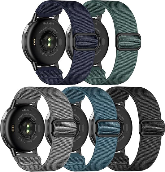 5 Pack Stretchy Nylon Watch Bands Compatible with Garmin Vivoactive 5/6/Forerunner 55/165,20mm Soft Elastic Fabric Adjustable Replacement Sport Straps for Garmin Venu Sq 2 Women Men