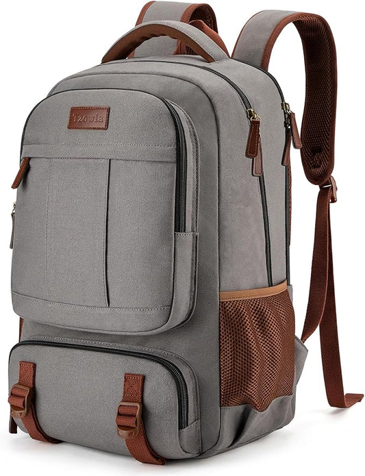 Tzowla Canvas Laptop Backpack, Bag for Men Women,Travel Work Rucksack Fits 15.6 Inch Laptop, Large Capacity Bookbag(Khaki- Grey)