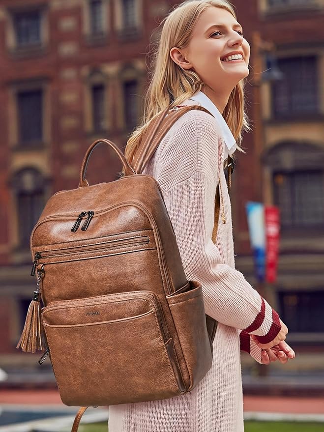 Leather Laptop Backpack for Women,Leather Backpack with Laptop Compartment Fit 15.6 inch Laptops,Carry-on Travel Backpacks,Casual Daypack for Work Business Weekender College,Brown