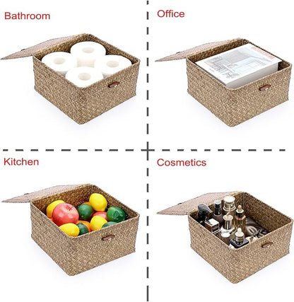 Hipiwe Wicker Shelf Baskets Bin with Lid Handwoven Seagrass Storage Basket Container Square Multipurpose Household Basket Boxes for Shelves and Home Organizer, Coffee Medium