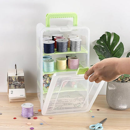 BTSKY Clear Plastic Dividing Storage Box with 4 Deep Compartments Adjustable Storage Bin with Lid Portable Craft Container Multipurpose Sewing Box Art Supply Organizer, 13.9x7.9x6.2 Inches, Green