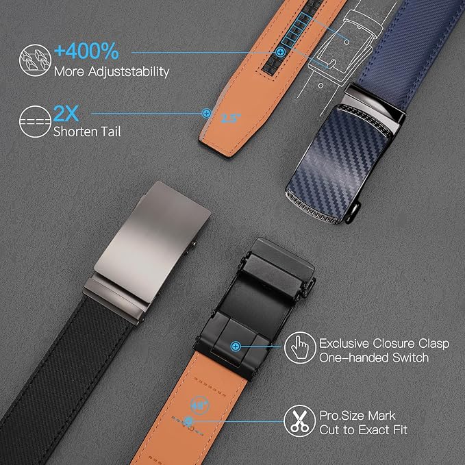 SENDEFN Leather Belt for Men Automatic Ratchet Buckle Slide Dress Casual Belts 1 3/8'' Wide Adjustable Trim to Fit(Black-20)