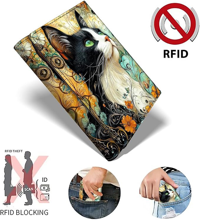 Minimalist Wallet for Men's Card Holders, Pop-Up Card Case Durable Wallets for Women, Leather Automatic Credit Card Holder with Metal Money Clip RFID Blocking Bifold Pocket, Black White Cat