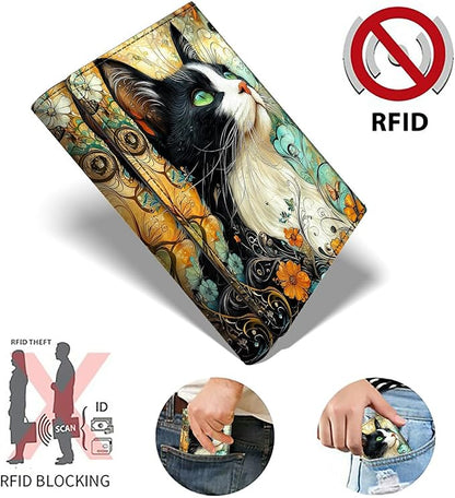 Minimalist Wallet for Men's Card Holders, Pop-Up Card Case Durable Wallets for Women, Leather Automatic Credit Card Holder with Metal Money Clip RFID Blocking Bifold Pocket, Black White Cat