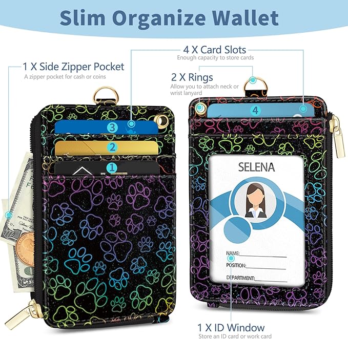 Lanyard Wallet with Id Badge Holder, Dog Paw RFID Small Keychain Wallet Women Wristlet, Cute Zipper Credit Card Holder Phone Wrist Neck Strap for Key Name Tag, Teacher Student Office Gifts