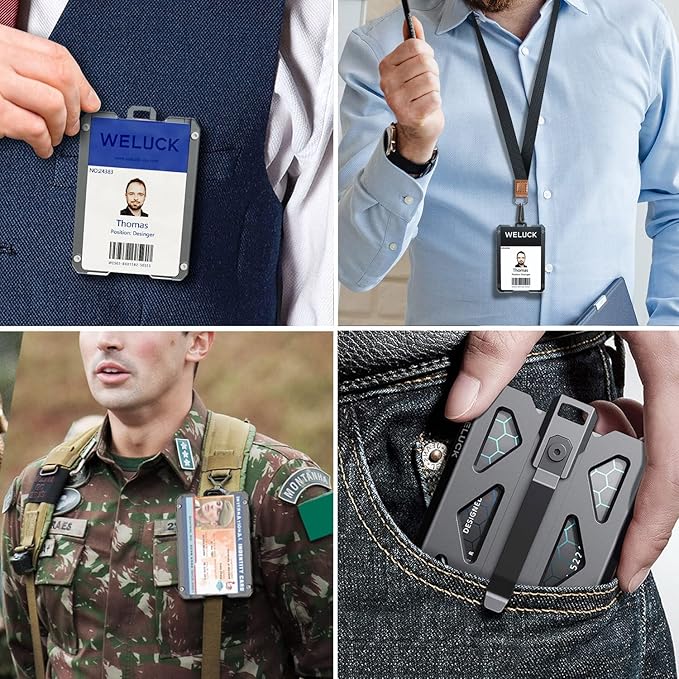 Badge Holder, Durable Aluminum ID Card Holder Wallet by WELUCK, 4 Cards/ID Badges Holder with Lanyard and Metal Clip, for Business Office Work Police Gift Outdoor (Black01)