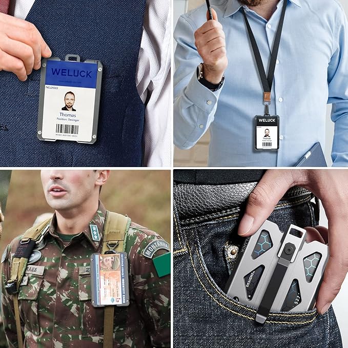 ID Badge Holder, Durable Aluminum ID Card Holder/Wallet with Lanyard and Metal Clip, 4 Cards/ID Badges Holder by WELUCK, for Business Office Work Police Outdoor Gift (Grey01)