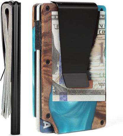 Minimalist Slim Wallet for Men,RFID Blocking Metal Wallet,Aluminum Credit Card Holder & Money Clip 12-15 Cards,Slim Rfid Front Pocket Mens Wallet,Resin Light Blue