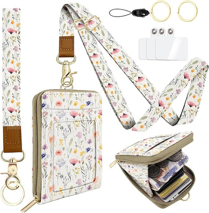 Flower Watercolour PU Leather ID Badge Holder with Lanyard with 1 Zip Pocket and 3 Card Slots Keychain Phone Lanyard Wrist Strap, RFID Blocking, for Office School Business Women