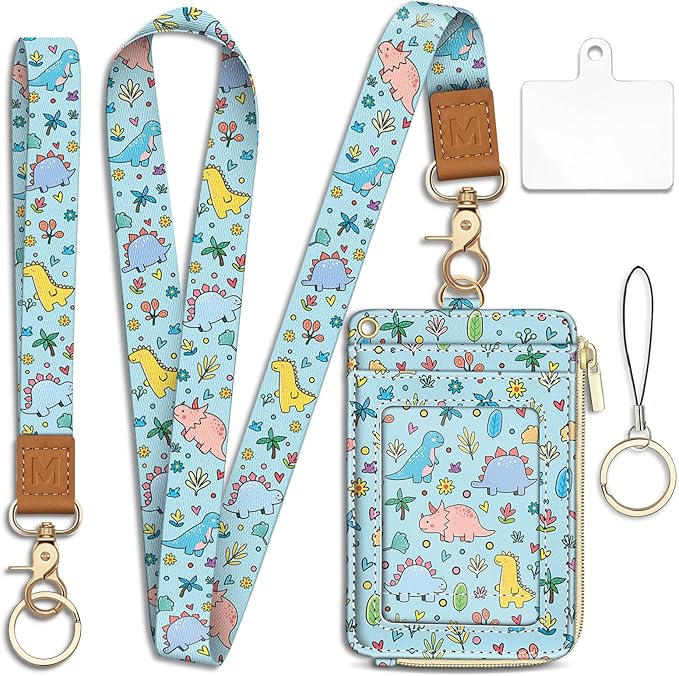 Dinosaur Lanyard Wallet with ID Badge Holder, Cute Floral Small RFID Wallet Women Keychain Wristlet, Slim Credit Card Holder with Zipper Pocket Phone Lanyard Wrist Strap Name Tag Office Teacher Gift