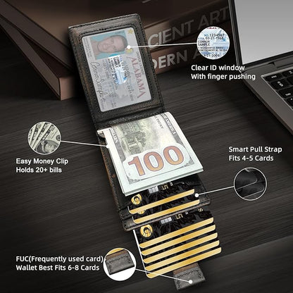 Slim Minimalist Wallet for Men- Money Clip Wallet | Bifold Men Wallets | RFID Blocking Wallet | Genuine Leather Wallets for Men | 12 Card Holder Mens Wallet | Mens Front Pocket wallet