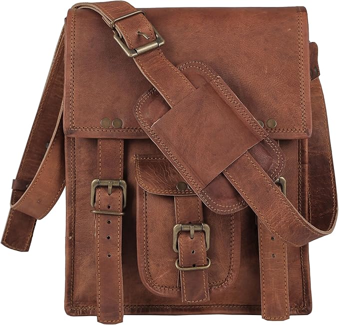 Leather crossbody bag messenger satchel tablet bag 11 inches for men and women (Brown)
