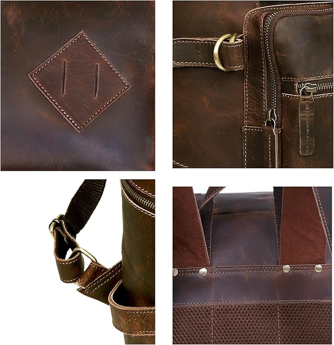 HLC Leather Backpack Genuine Laptop Rucksack For Men Women Genuine Large Capacity Business Retro Travel Camping Daypack Bag (Brown)