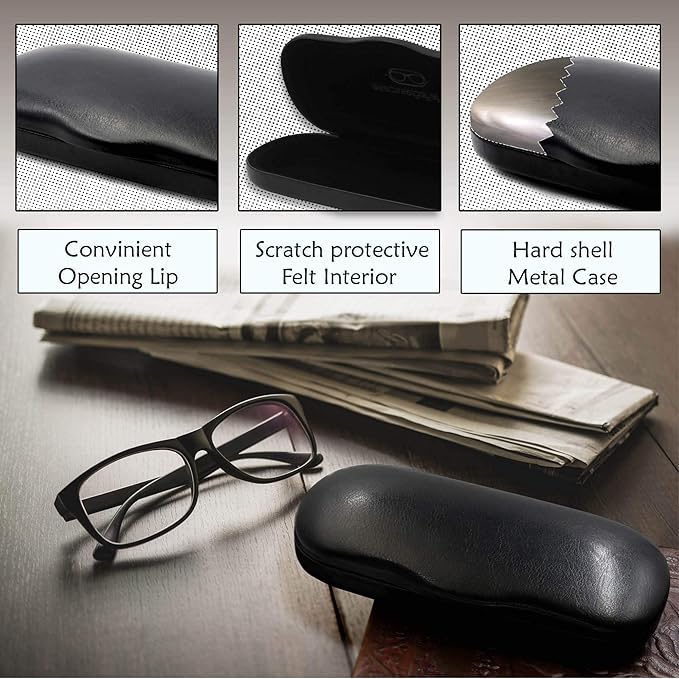 MyEyeglassCase Men's Medium Glasses Case - Classic Eyeglasses Hard Shell Holder, Elegant Easy Open Lip with Pouch and Cloth