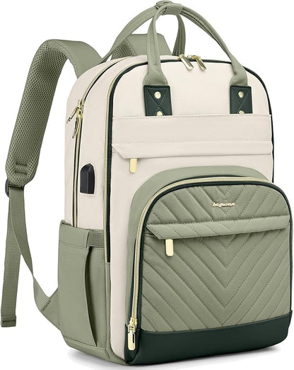 Laptop Backpack for Women Work Bag - 15.6 inch Travel Backpack with USB Charger College Bookbag Waterproof Business Computer Backpack Anti-theft Casual Backpacks for Nurse Teacher Beige Light Green