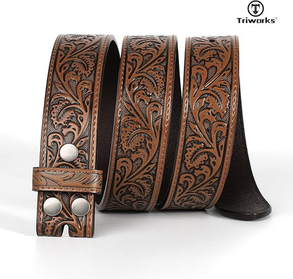 TRIWORKS Western Belt Strap for Men without Buckle 1.5" Wide Floral Engraved Embossed Leather Belt Strap
