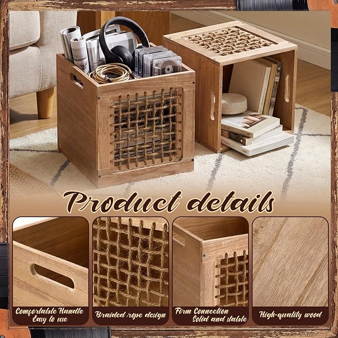 Geelin 2 Pack Wood Storage Bins with Handles 11 x 11 x 11 Inch 22l Cube Multipurpose Decorative Vintage Farmhouse Wood Rope Crate Stackable Cube Containers Organizing Bins for Toy Clothes Books Office