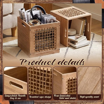 Geelin 2 Pack Wood Storage Bins with Handles 11 x 11 x 11 Inch 22l Cube Multipurpose Decorative Vintage Farmhouse Wood Rope Crate Stackable Cube Containers Organizing Bins for Toy Clothes Books Office