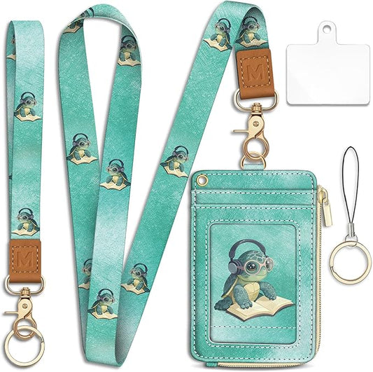 Piefly Turtle Lanyard Wallet with ID Badge Holder, Cute Small RFID Wallet Women Keychain Wristlet, Slim Credit Card Holder with Zipper Pocket Phone Lanyard Wrist Strap for Name Tag Office Teacher Gift