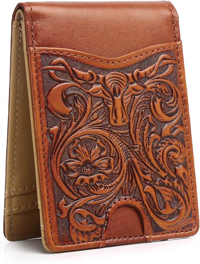 Pefiam Full Grain Leather Bifold Wallet for Men - 11 Slots, RFID Blocking, Western Cowboy Gifts for Men - Brown