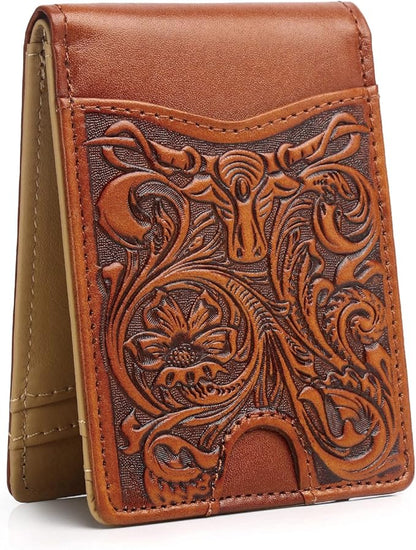 Pefiam Full Grain Leather Bifold Wallet for Men - 11 Slots, RFID Blocking, Western Cowboy Gifts for Men - Brown
