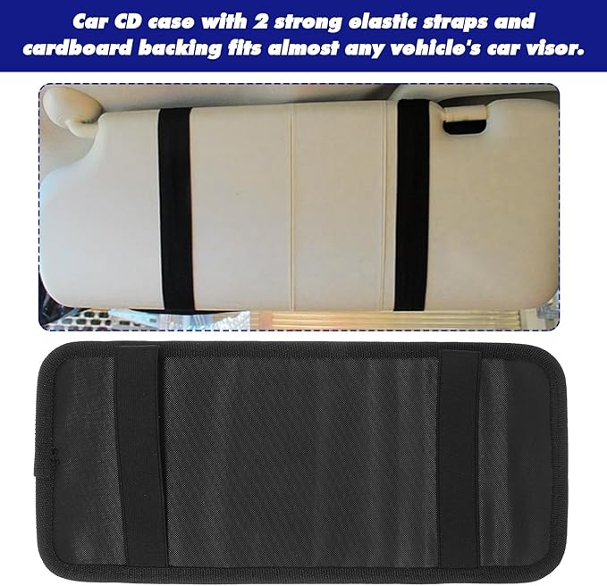 Car CD Holder DVD Vehicle Visor Storage Organizer Black Large Capacity CD Visor Case with 12 DVD Storage Sleeves, 1 Mesh Pocket, 1 Pen Loop & Elastic Strap