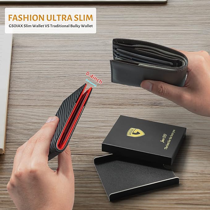 GSOIAX Slim Leather RFID Bifold Wallet for Men Minimalist Front Pocket Wallet with Money Clip,12 Card Slots,ID Window,Cool Groove Design,Includes Gift Box (Carbon Red)
