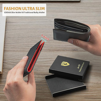 GSOIAX Slim Leather RFID Bifold Wallet for Men Minimalist Front Pocket Wallet with Money Clip,12 Card Slots,ID Window,Cool Groove Design,Includes Gift Box (Carbon Red)