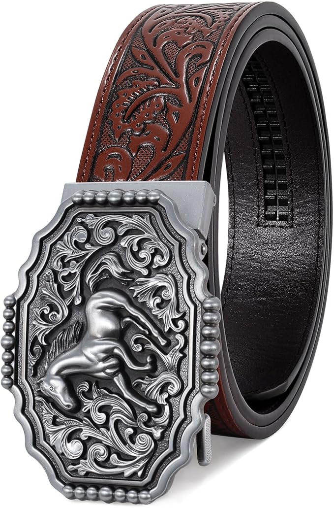 SANSTHS Western Cowboy Ratchet Belts for Men Women Leather Cowboy Belt with Automatic Western Buckle for Jeans Gifts