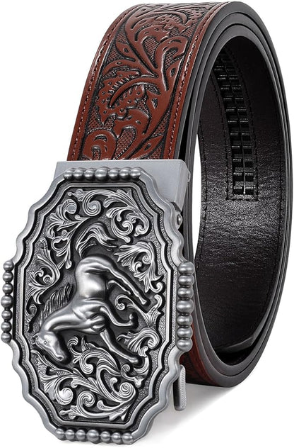 SANSTHS Western Cowboy Ratchet Belts for Men Women Leather Cowboy Belt with Automatic Western Buckle for Jeans Gifts