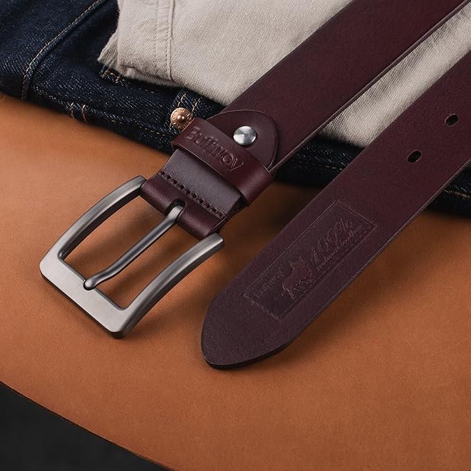 Buffway Men’s Full Grain Leather Belt – Solid One-Piece Leather, 1.5” Wide for Jeans & Business Casual, Gift Box Included