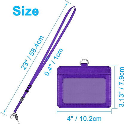 Wisdompro 2-Sided PU Leather ID Badge Holder with 1 ID Window and 1 Card Slot and 1 piece 23 Inch Adjustable Polyester Detachable Neck Lanyard Strap (Holds 3 to 4 Cards) - Purple (Horizontal)