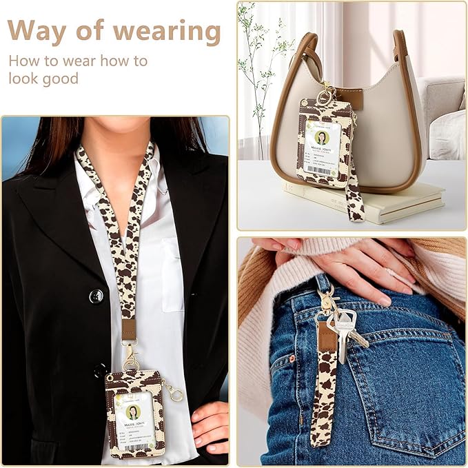 bolimoss Cow Print Lanyards for ID Badges and Keys,2-in-1 Cute ID Badge Holder & Lanyard Wallet,PU Leather Wallet Lanyard Card Name Tag Protector for Nurses, Doctors, Teachers, Students (Brown)