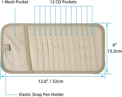 Car CD Case Holder, Wisdompro Vehicle Sun Visor Organizer for Cars with 12 DVD Storage Sleeves, 1 Mesh Pocket, 1 Pen Holder and Elastic Strap, Khaki