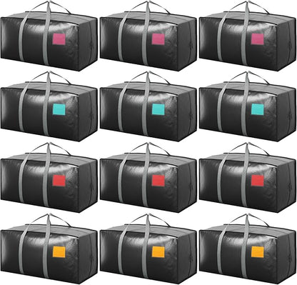 12 Pack Moving Bags with Full-Open Side Zipper, Extra Large 93L Heavy Duty Waterproof Foldable Storage Totes for College Dorm, Moving & Home Organization Gray
