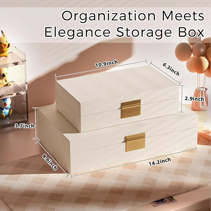 Decorative Storage Boxes Set of 2 - Multi-Purpose Beautiful PU Leather Organizer Bins for Your Home Decor - Decorative Containers with Lids Store Photos, Documents, Memory Box Keepsakes (Beige)