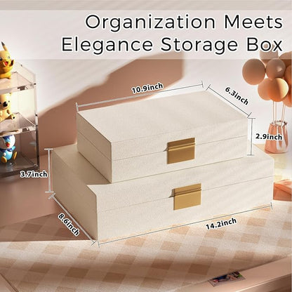 Decorative Storage Boxes Set of 2 - Multi-Purpose Beautiful PU Leather Organizer Bins for Your Home Decor - Decorative Containers with Lids Store Photos, Documents, Memory Box Keepsakes (Beige)