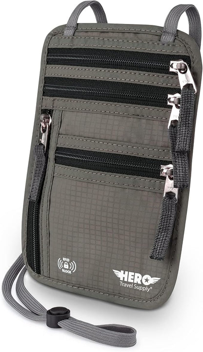 HERO Neck Wallet - RFID Blocking Passport Holder, Easy to Conceal Travel Pouch (Army Grey)