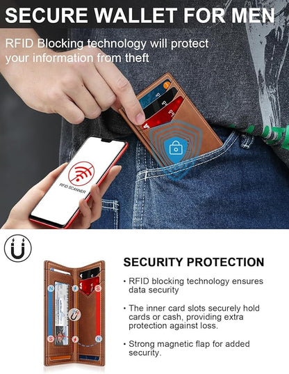 ZALVEX Wallet for Men Slim Leather Wallets for 12-15 Cards, Minimalist Thin RFID Blocking Card Holder with Money Clip & ID Window, Small Bifold Front Pocket Wallet, Gifts for Men